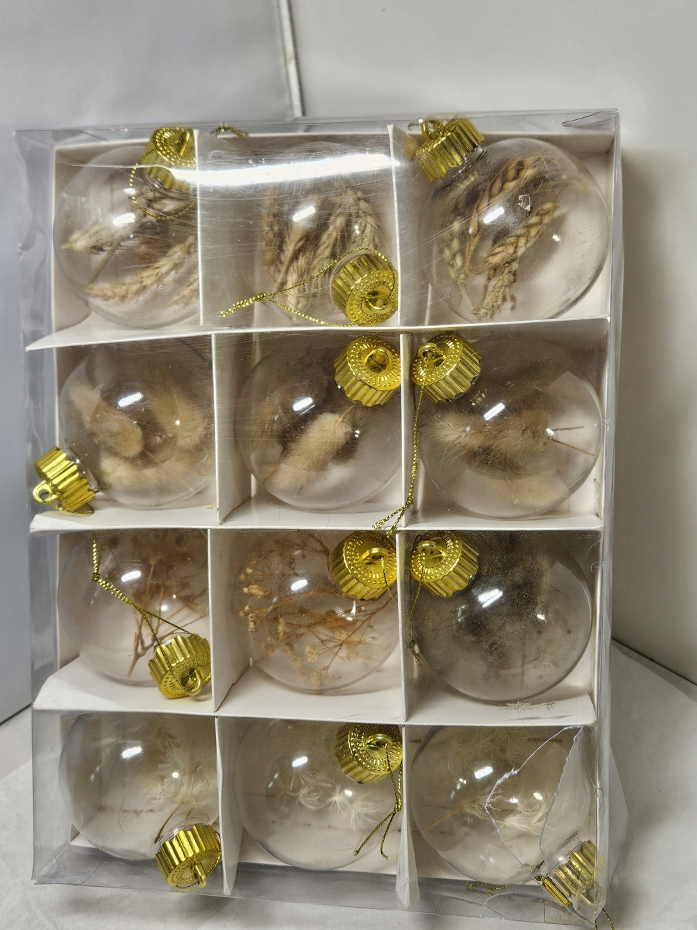 Set Of 12 Clear Plastic Holiday Christmas Ornaments with Natural Foliage Inside